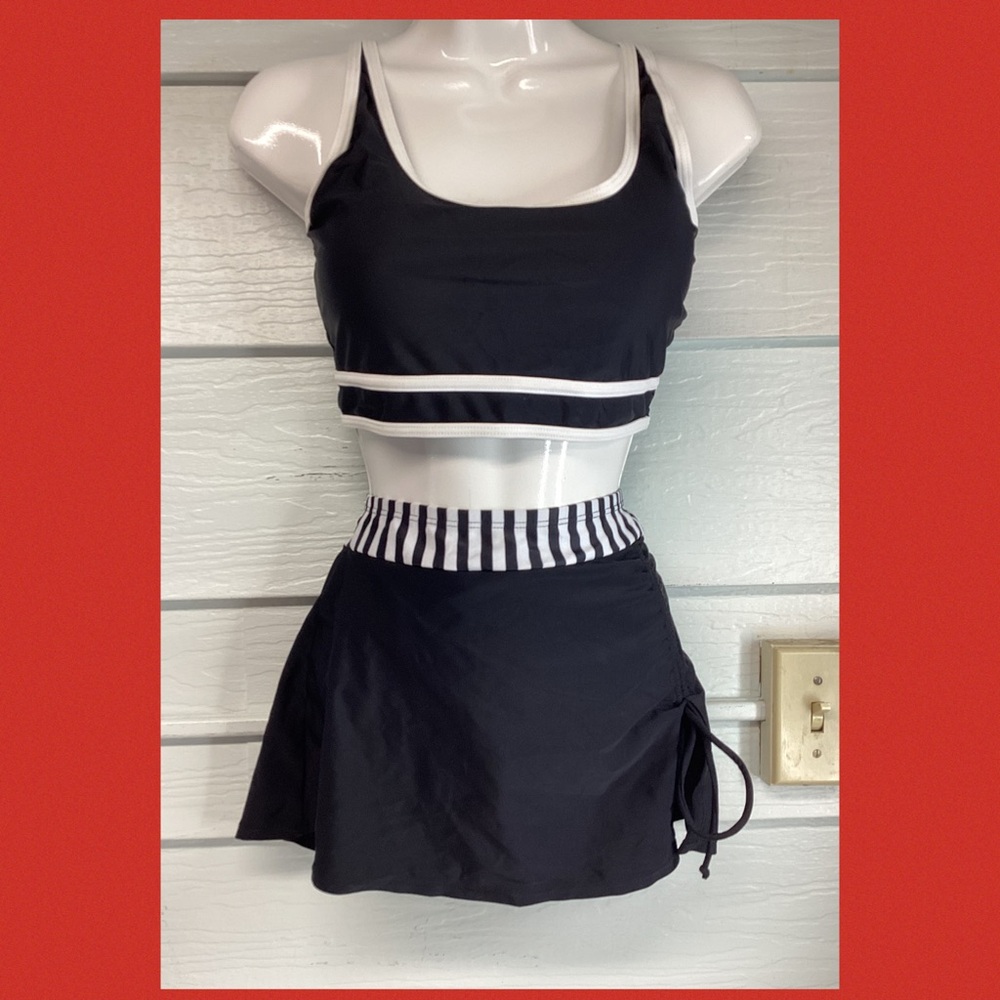 Black High-Waist Swim Skirt with Striped Waistband.41 - Picture 1 of 6